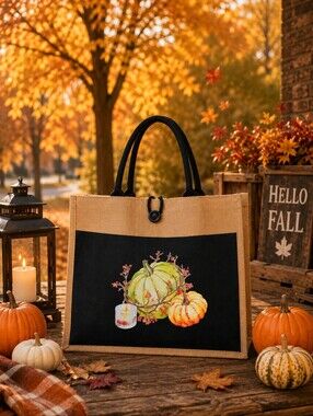 Fall Pumpkin Burlap Tote Bag | Black & Natural | Autumn Harvest